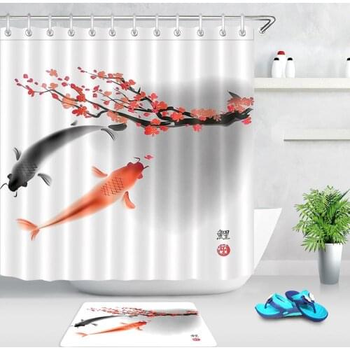 Traditional Chinese Style Bathroom Curtains Koi Carp Pink Flower Pattern Asian Fish Shower Curtains Waterproof Polyester Fabric
