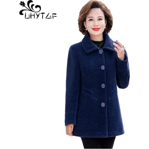 UHYTGF New Mother Autumn Winter Jacket Women Quality Mink Fleece Casual Woolen Coat Single-Breasted Loose 5XL Plus Size Top 1346