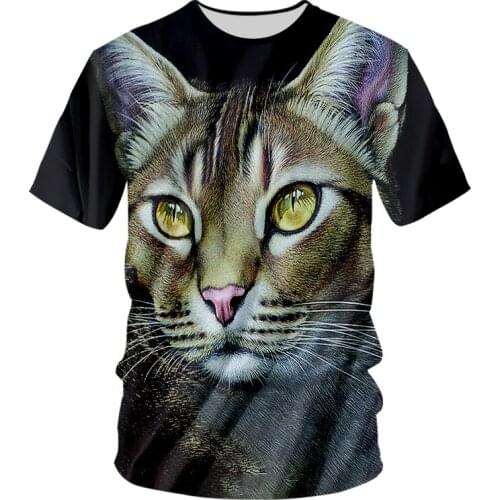 UJWI Man Creative New O Neck Tshirt 3D Printed Interesting Beard Cat Oversized Unisex 6XL Amber Eye Animal T-shirt