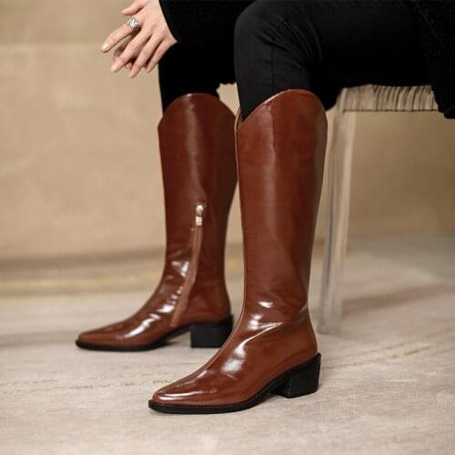 QZYERAI 2021 Fashion Genuine Leather Women Knee-High WESTERN Boots Pointed Toe Boots Ladies Boots Black