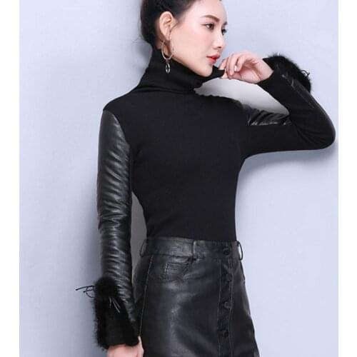 High Quality 2018 Autumn winter Warm Lace sweater eiderdown cotton PU leather women Turtleneck Mink Fur pullovers sweaters NS105