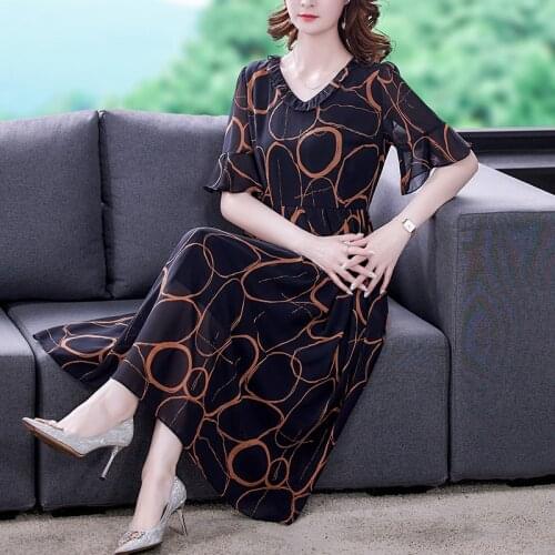 Women Casual Print Chiffon Beach Midi Dress Summer Vintage Loose 5XL Plus Size Dress 2021 Elegant Bodycon Party Runway Vestidos
