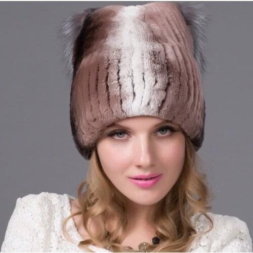 Winter Womens Fur Hat Real Rabbit Fur Head Cap Silver Fox Fur Lining Velvet Knit Hat Cotton Lining Russian Leather Hat THY-28