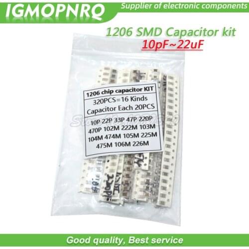 16values each 20pcs=320pcs 1206 SMD Capacitor assorted kit 10pF~22uF component samples kit 10PF 22PF 1NF 10NF 100NF 10UF 22UF