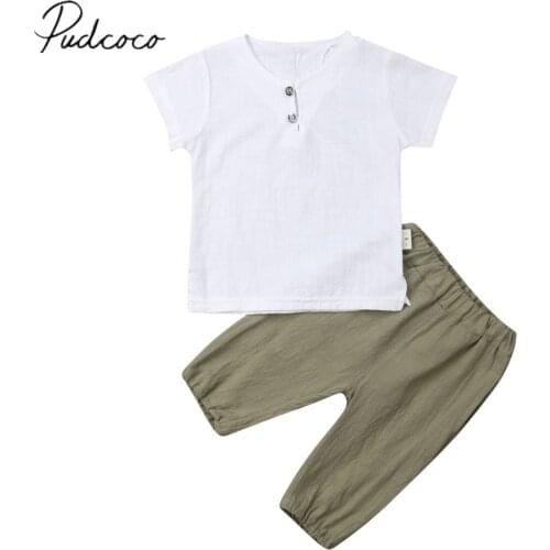 2019 Baby Summer Clothing 0-3Y Newborn Toddler Kid Baby Boys Cotton Linen Sunsuit Sets White Short Sleeve T Shirt Top+Shorts
