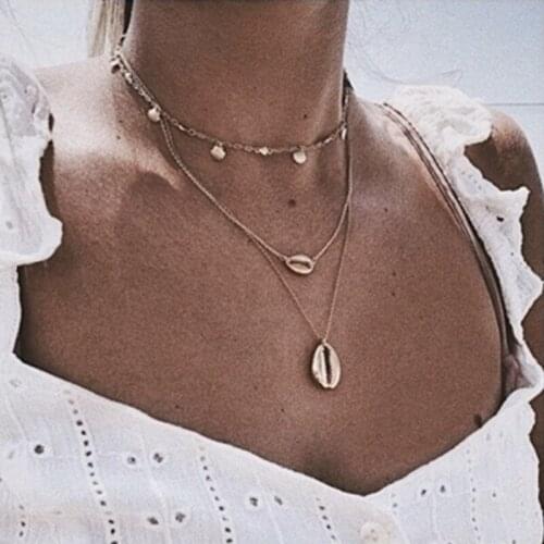 3 Pcs/Set Women Fashion Necklace Gold Shells Scallop Pendant Multilayer Necklace Bohemian Retro Beach Jewelry Accessories