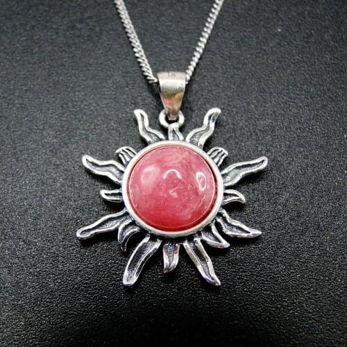 Antique Jewelry Solid 925 Sterling Silver 10mm Natural Rhodochrosite Gemstone Sun Pendant Necklace Jewelry