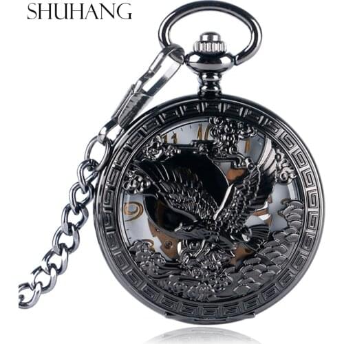 SHUHANG Nursing Watches Cool Flying Eagle Hawk Mechanical Pocket Watch Skeleton Black Pendant Clock Mans Womans with Chain