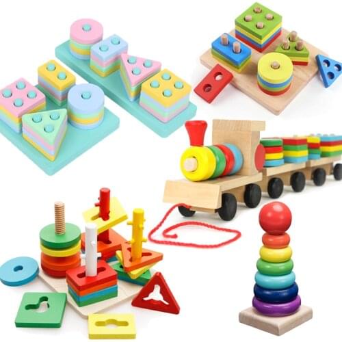 QWZ Wooden Montessori Toy Building Blocks Early Learning Educational Toys Color Shape Match Cognition Kids Toy for Boys Girls
