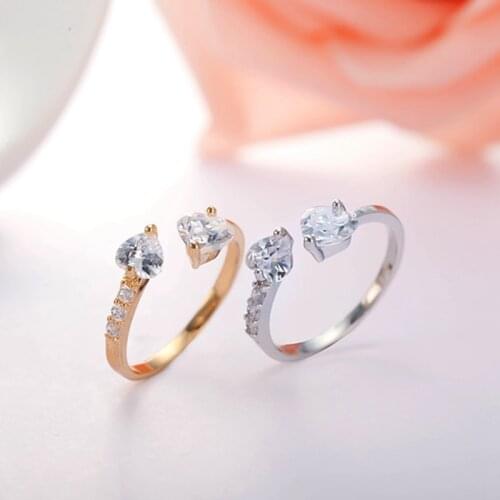 Double Heart CZ Stones Cuff Ring Wedding Finger Ring In Yellow Gold/Rose Gold /cute Color Opening Ring Jewellery