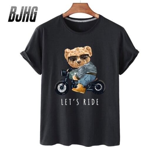 100% Cotton Locomotive Denim Bear Print Short-sleeved T-shirt Female Half-sleeved Summer Casual Oversized T-shirt Ladies Shirt