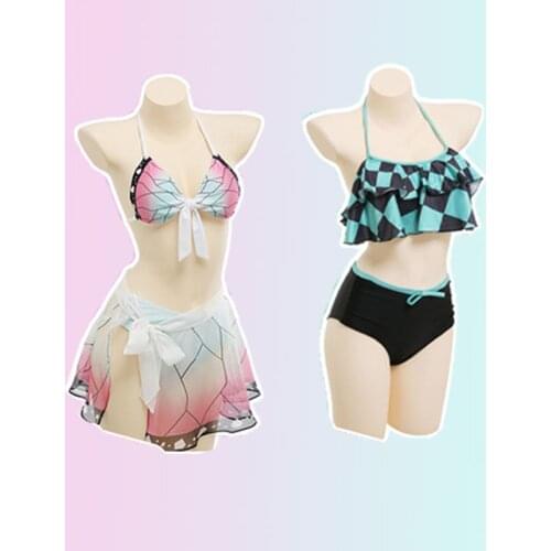 Demon Slayer Anime Kochou Shinobu Kamado Tanjirou Cosplay Swimsuit Two Piece Bikini Beach Swimwear Cover Up Bathing Suit