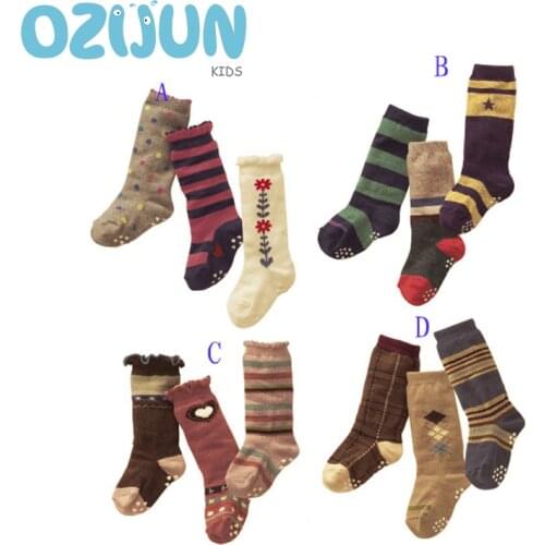 3 Pairs/lot Baby Boys Girls 1-5Years Knee High Socks ABCD Series Socks Anti-slip A Flower And Stripe Pattern Cotton Home Socks