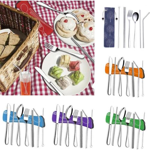 New trendy Dinnerware Set Travel Camping Cutlery Set Reusable Silverware with Metal Straw Spoon Fork Chopsticks Portable Case