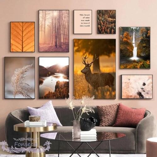 Autumn Forest Mountain Lake Waterfall Landscape Poster Tree Leaves Reed Deer Canvas Painting Wall Art Nordic Pictures Bedroom