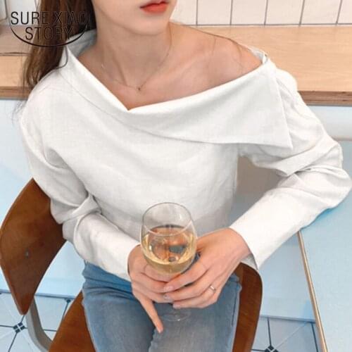 Autumn Long Sleeve Shirt Women Sexy Skew Collar Pullover Slim White Blouse Women 2021 Casual Office Lady Solid Women Top 11242