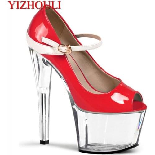 Belt buckle sexy nightclub steel pipe shoes women high heel shoes pump platform of 17 cm crystal shoes