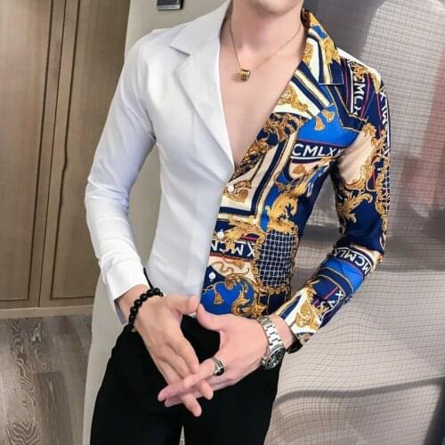 Luxury Black Gold Shirt 2019 Autumn Baroque Men Shirt Long Sleeve Patchwork Casual Shirt Men Slim Fit Print Party Club Shirt