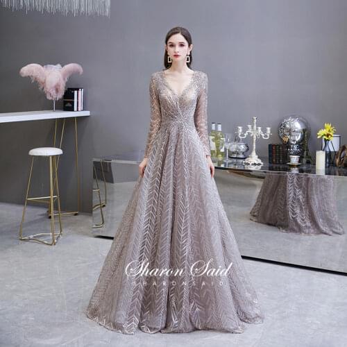 Luxury Dubai Long Sleeve Muslim Evening Dress 2021 Elegant V-Neck Crystal Arabic Gray Formal Dress for Women Wedding Party Gown