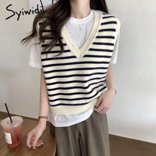 Syiwidii Striped Vintage Sweater Vest Women Y2k Tops Knit V-Neck Sleeveless Casual 2021 Korean Fashion Black Beige Pullovers
