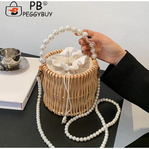 Women Summer Rattan Woven Bag Basket Shoulder Crossbody Fashion Bucket Handbags Straw Women Hand-Woven Handbag