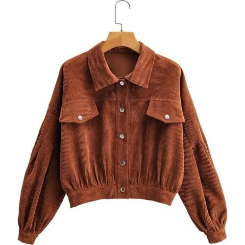 Fad new women casual brown corduroy autumn short jacket female Vogue single breasted long lantern Sleeve loose outwear jacket