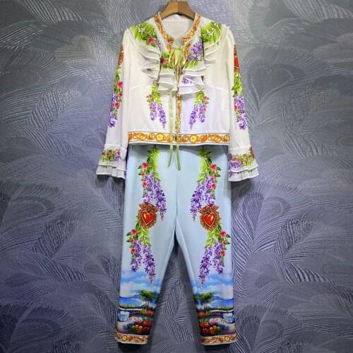 Seifrmann Women Fashion Summer Runway Pants Sets Flare Sleeve Print Loose Blouses+High Waist Long Pants 2 Two Pieces Suits 2021