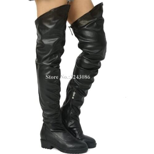 Women Black Leather Flat Over the Knee Boots Fashion Pleated Platform Long Boots Lady Best Design Casual Boots Dropship