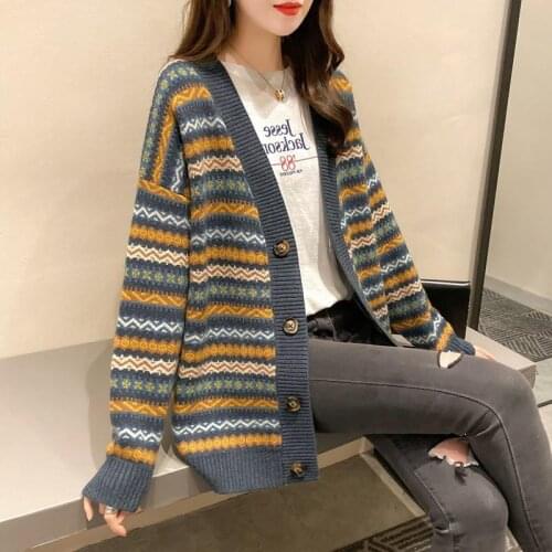 Woman Sweaters Vintage Stripe Knitted Cardigan 2020 Sweater Coat Loose Femme Chandails Pull Hiver