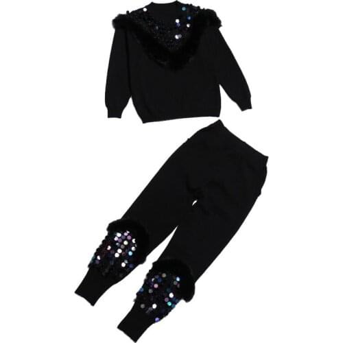 Two piece Set Women O-Neck Luxury Fur Cashmere Blends Knitting Jumper Tops+Pants Sets Knitted Sweaters Trousers 2 Pieces Suits