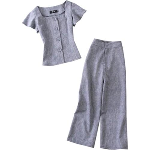 Fashion plaid suit female summer New high-quality gray thin Casual shirt top + high waist wide leg pants Two-piece set women