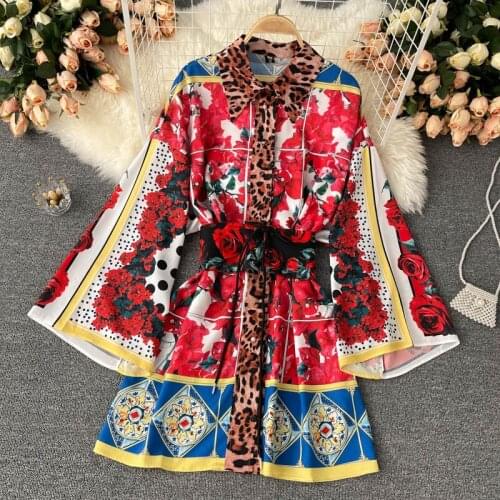 Summer new printed belt Dress Lapel temperament retro and elegant woman dress Long sleeve dresses for women 2021