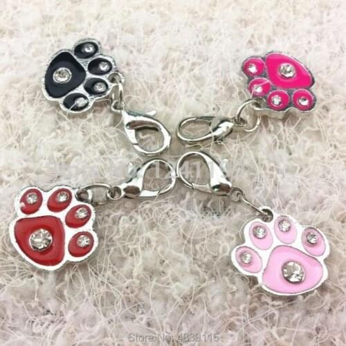 100pcs/lot Zinc Alloy Small Paw Pet Dog Pendants Inlaid with Bling Stones on Face Cute Pendants