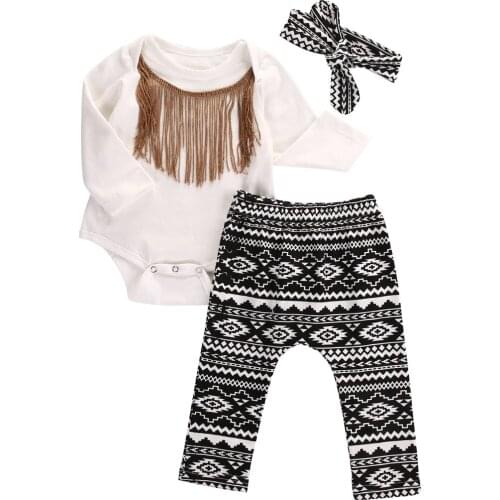 3pcs Toddler Infant Newborn Baby Girls Tassels Bodysuit +Pants Leggings +Headband Outfits Set