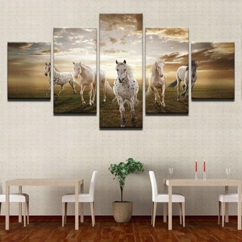5 Panel Canvas Painting Running White Horse Picture Decor Poster Modular HD Print Animal Wall Art Living Room Bedside Decoration