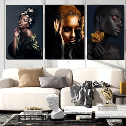 African Art Black and Gold Woman Flower Oil Painting on Canvas Posters and Prints Scandinavian Wall Picture for Living Room
