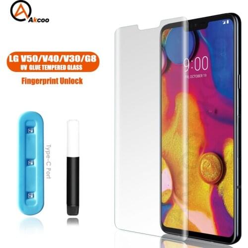 Akcoo for LG V50 ThinQ Screen Protector UV Tempered Glass Full Screen Glue Film for LG V30 40 G7 8 Velvet Edge to edge Protector