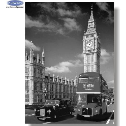 Needlework DIY Diamond Painting Big Ben Street Bus and Tower of London Diamond Embroidery Rhinestone Mosaic Black White Wall Art