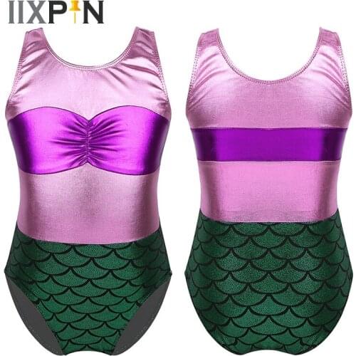 Gymnastics Leotard Girls ballerina Dress Sleeveless Metallic Ruched Chest Mermaid Scales Printed Ballet Dance Costume Jumpsuit