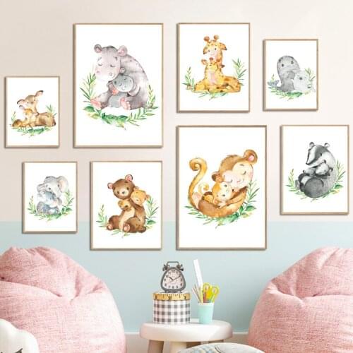 Hippo Giraffe Bear Elephant Deer Monkey Wall Art Canvas Painting Nordic Posters And Prints Wall Pictures Kids Room Kawaii Decor
