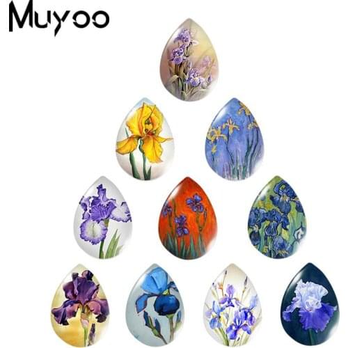 2019 New Irises Paintings Tear Drop Cabochon Purple Flowers Glass Cabochons Handmade Art Plants Jewelry