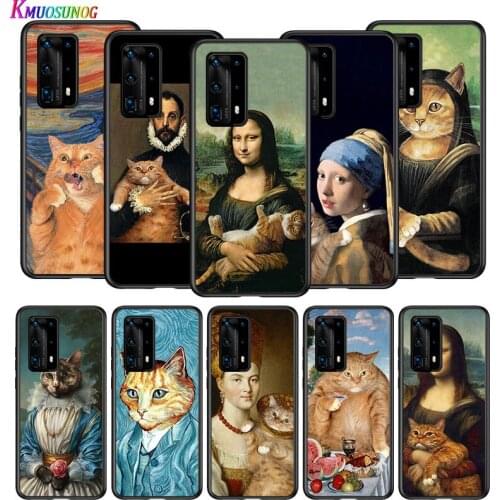 Funny Cat Art Aesthetics for Huawei P50 40 P30 P20 P10 Pro Lite E Plus 4G 5G P9 P8 Lite P Smart Z S Soft Black Phone Case