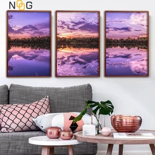 NOOG Nordic Romance Afterglow Poster And Print Life Purple Lake Landscape Wall Art Canvas Painting Decorative Picture Home Decor