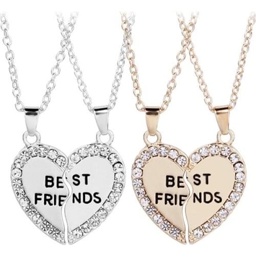 2021 Newest Hot Sale Fashion Heart Pendant Alloy Necklace Gold Color Two-piece Crystal Necklace Best Friends Necklace Jewelry
