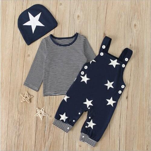 Newborn Infant Baby Boy Clothes Fashion Spring Striped Long Sleeve Tops+Suspender Romper+Hat 3PCS Toddler Baby Girl Clothing
