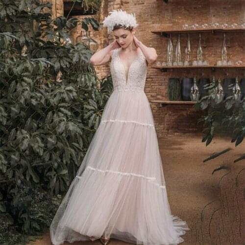 Backless Beach Wedding Dress Deep V Neck Bridal Gowns Summer Boho Champagne Wedding Dress with Bow robe de soiree