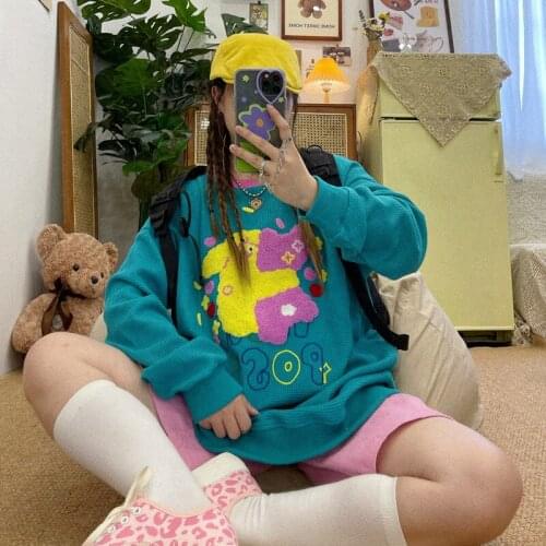 Homemade waffle cartoon Plush Pullover Sweatshirts lovely girl contrast color lazy wind loose long sleeve