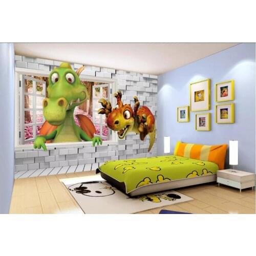 Custom photo 3d wall paper for living room Cartoon dinosaur window brick wall home decor 3d wall murals wallpaper for walls 3 d