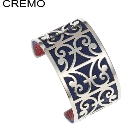 Cremo Manchette Ferns Wide Open Bracelet Reversible Leather Arm Bangles Stainless Steel Hollow Bohemia Woman Jewelry