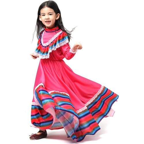 Traditional Mexican Girl Dress Halloween Costume For Girl Big Circle Long Gypsy Flamenco Dance Skirt Day of Dead Carnival